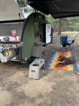 RV rental setup: A green teardrop trailer with an extended awning, grill, and a dog relaxing on a mat in a forest campsite.