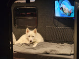 A white dog is comfortably settled inside an RV rental, watching Apollo 13 on the mounted TV. Cozy travel setup.