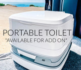 White portable toilet, an RV rental add-on. Essential for camping and travel comfort on your adventure.