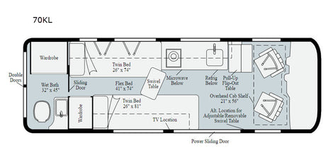 RV rental 70KL model floor plan: detailed camper van interior layout with wet bath, twin beds, kitchen, and convertible table.