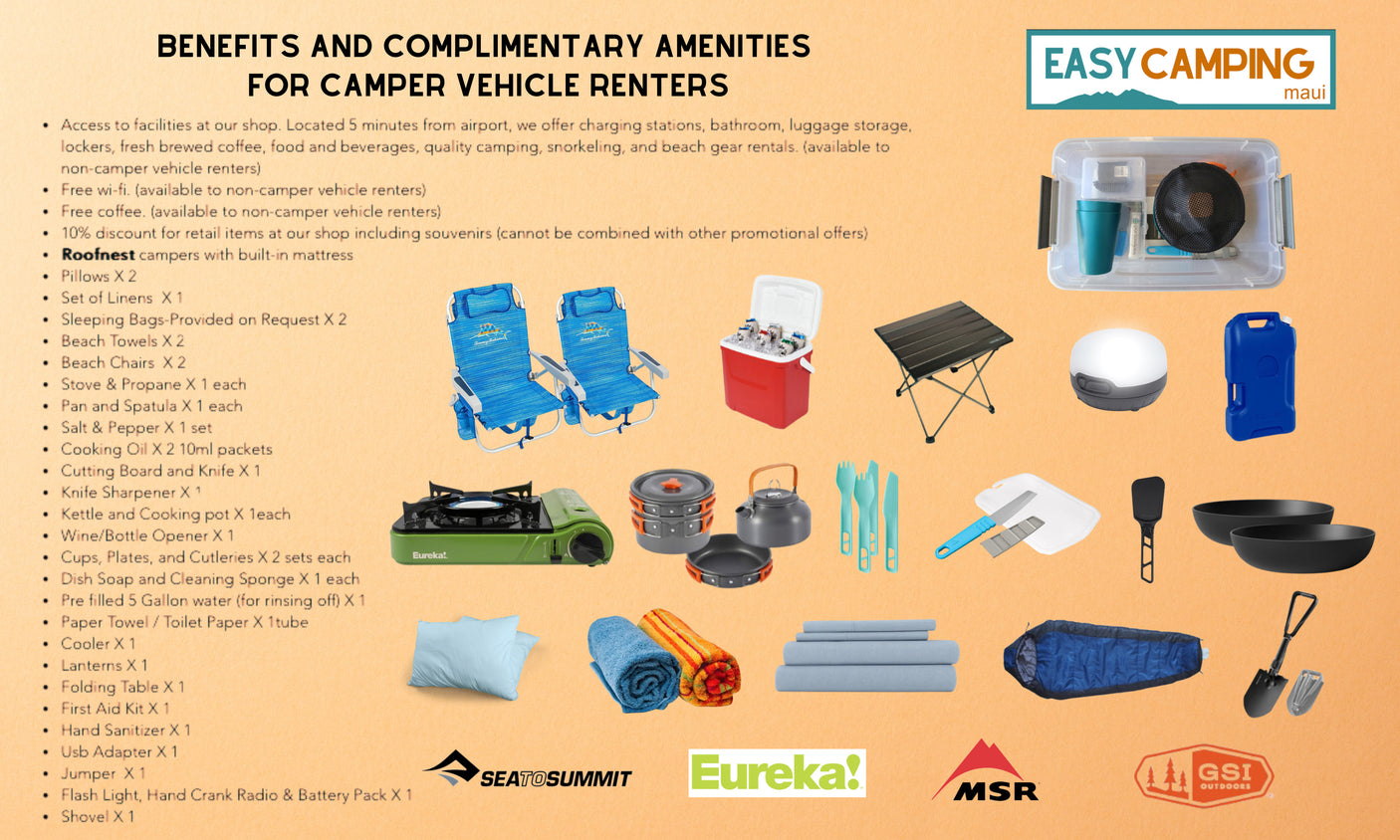 RV rental benefits: list of complimentary amenities with images of camping gear like stove, cooler, chairs, and bedding.