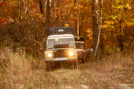 Two Land Rovers with rooftop tents navigate a vibrant fall forest trail, offering an adventurous alternative to RV rental for nature explorations.