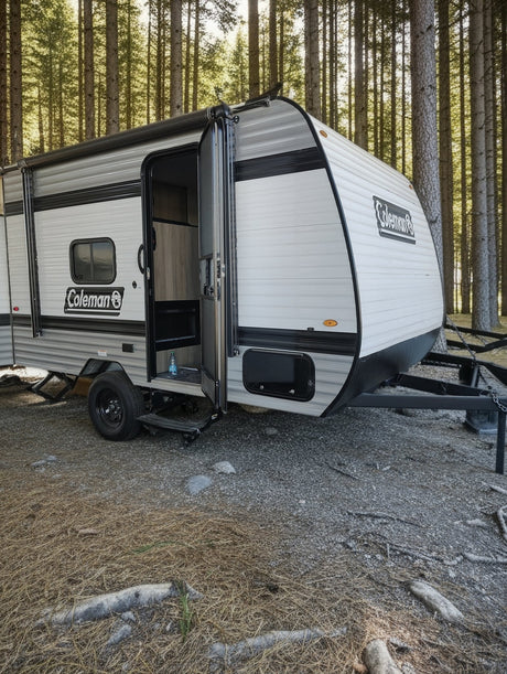 A white & gray Coleman RV rental travel trailer with an open door is parked in a bright pine forest