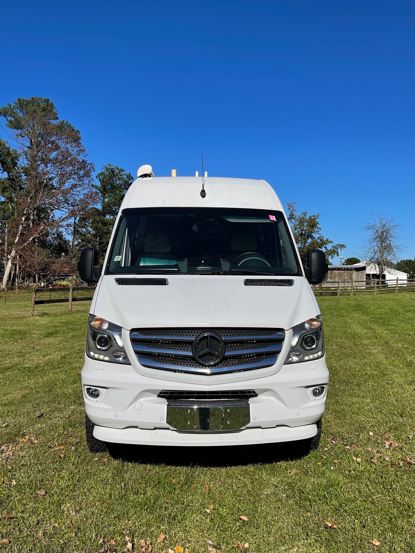 This white Mercedes Sprinter camper van, perfect for an rv rental, is parked on green grass with trees under a blue sky.