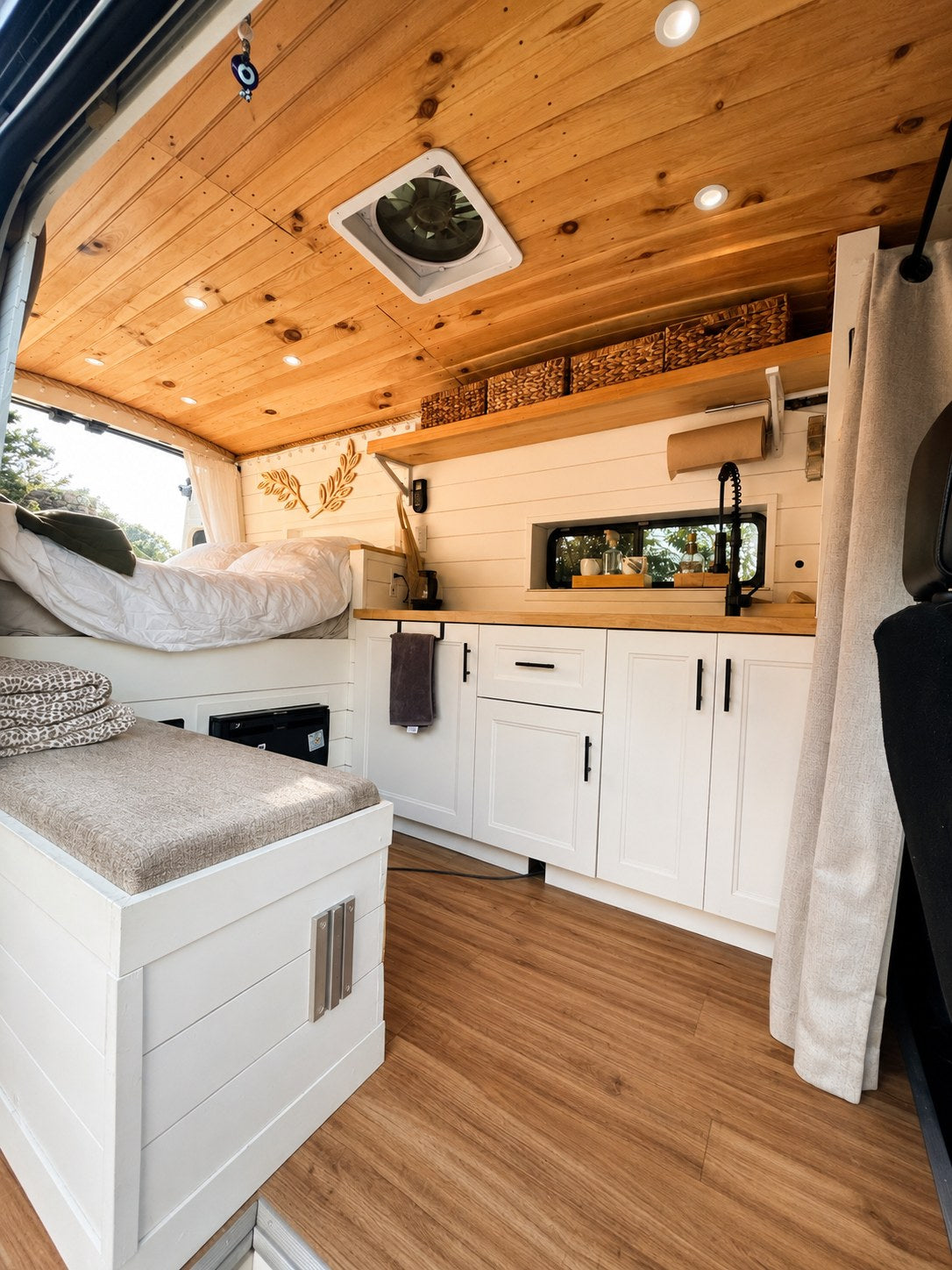 Explore this inviting RV rental with its custom wood ceiling