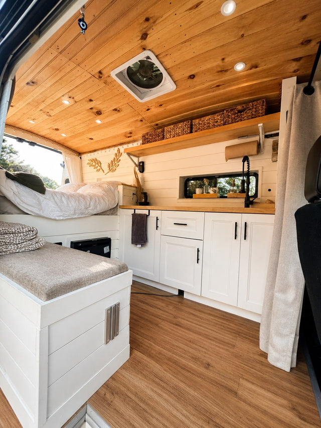 Explore this inviting RV rental with its custom wood ceiling