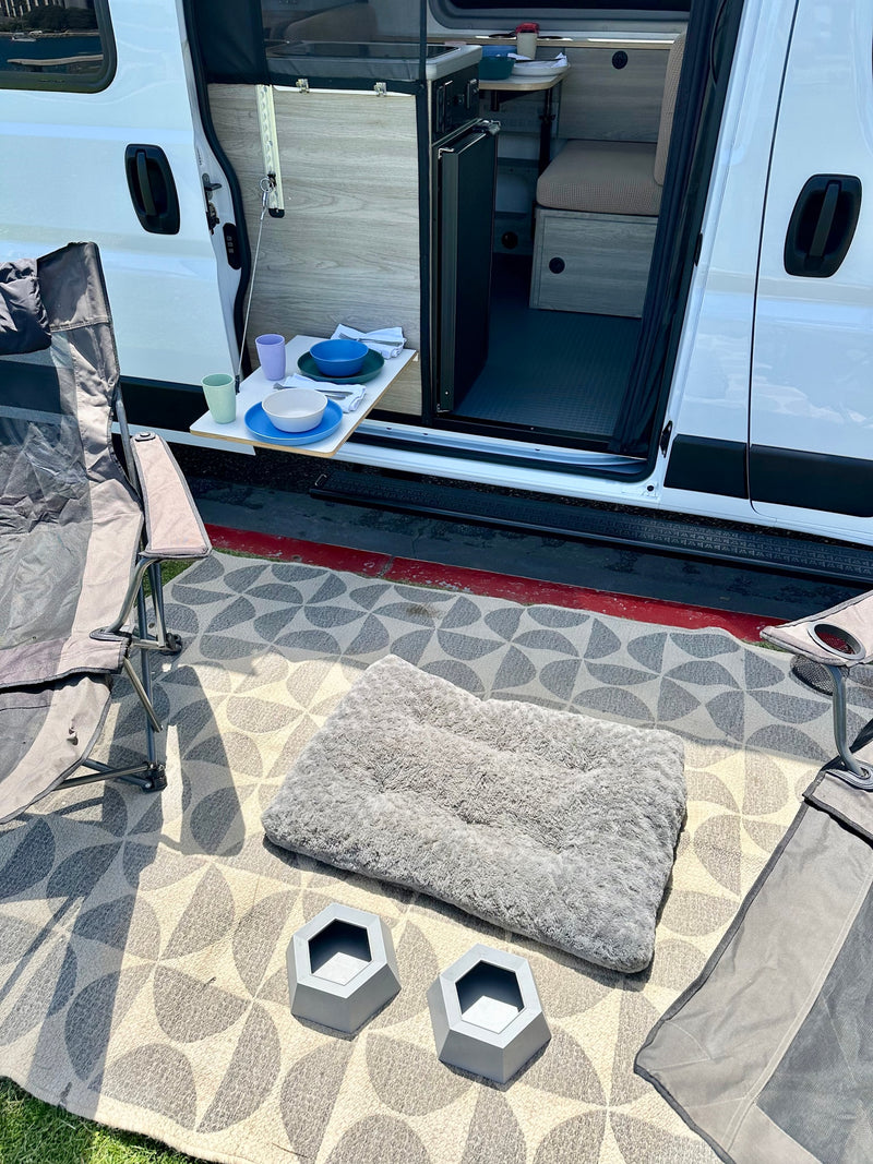RV rental's outdoor living: pet bed, bowls, pull-out table, and rug create a cozy camp setup outside the van. — photo 7