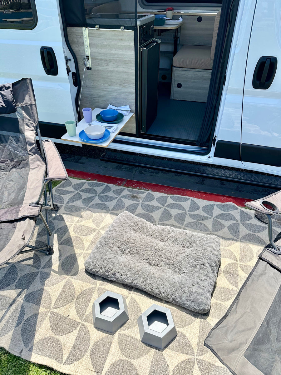 RV rental's outdoor living: pet bed, bowls, pull-out table, and rug create a cozy camp setup outside the van.