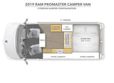 Detailed floor plan of a 2019 Ram ProMaster Camper Van, a 2-person RV rental with queen bed, kitchen, and dining area.