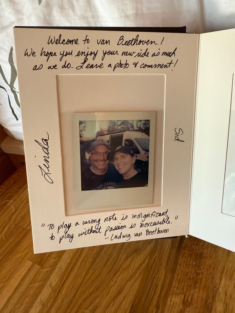 An RV rental guestbook, "Welcome to van Beethoven!", featuring the owners' photo and message inviting guests to share their travel memories. — photo 13