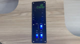 nuCamp RV rental control panel shows water pump, light switches, and tank level indicators.