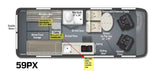 Detailed 59PX RV rental floor plan with convertible bed, wet bath, kitchen, and movable tables for flexible living.