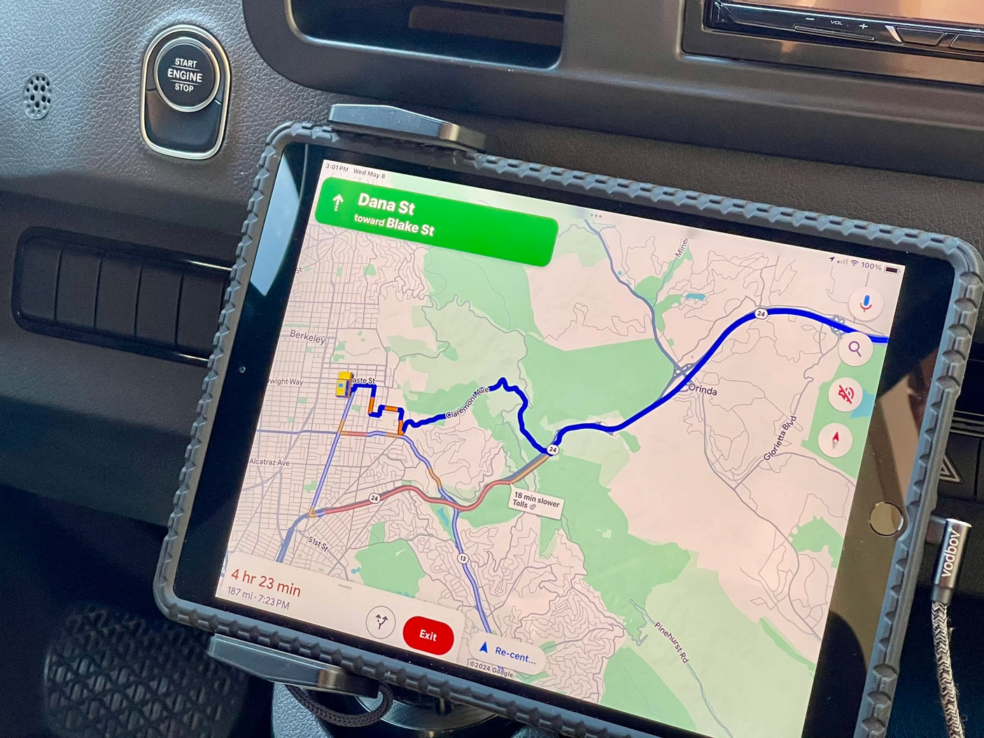 In an RV rental, a tablet running Google Maps guides a long road trip; a "Start Engine" button is visible.