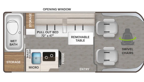 RV rental floor plan displays a wet bath, 72"x47" pull-out bed, kitchenette, removable table, and swivel chairs.