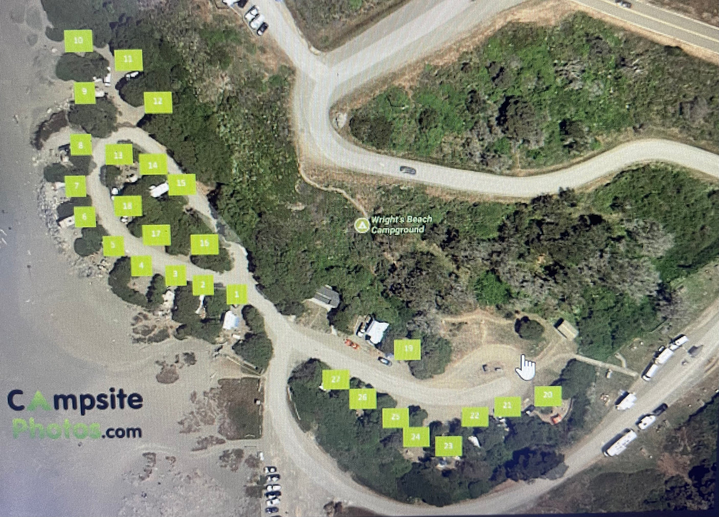 Aerial map of Wright's Beach Campground, displaying numbered campsites for your RV rental selection.