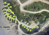 Aerial map of Wright's Beach Campground, displaying numbered campsites for your RV rental selection.