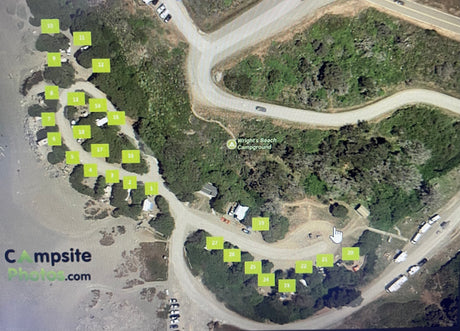 Aerial map of Wright's Beach Campground, displaying numbered campsites for your RV rental selection.