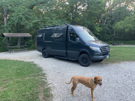 Explore with an RV rental! A grey Mercedes Sprinter van and a dog at a gravel campsite with picnic tables.
