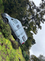 Light blue adventure van (RV rental) on a steep, grassy hillside among tall trees under an overcast sky.