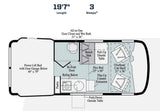 Explore the efficient RV rental floor plan of this 19'7" camper, highlighting its bed, bath, kitchen, and smart storage.