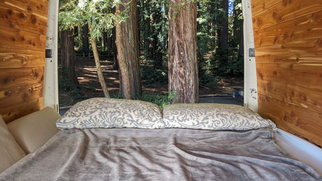 Cozy RV rental bedroom with patterned pillows and a soft blanket, looking out into a forest of majestic redwood trees.