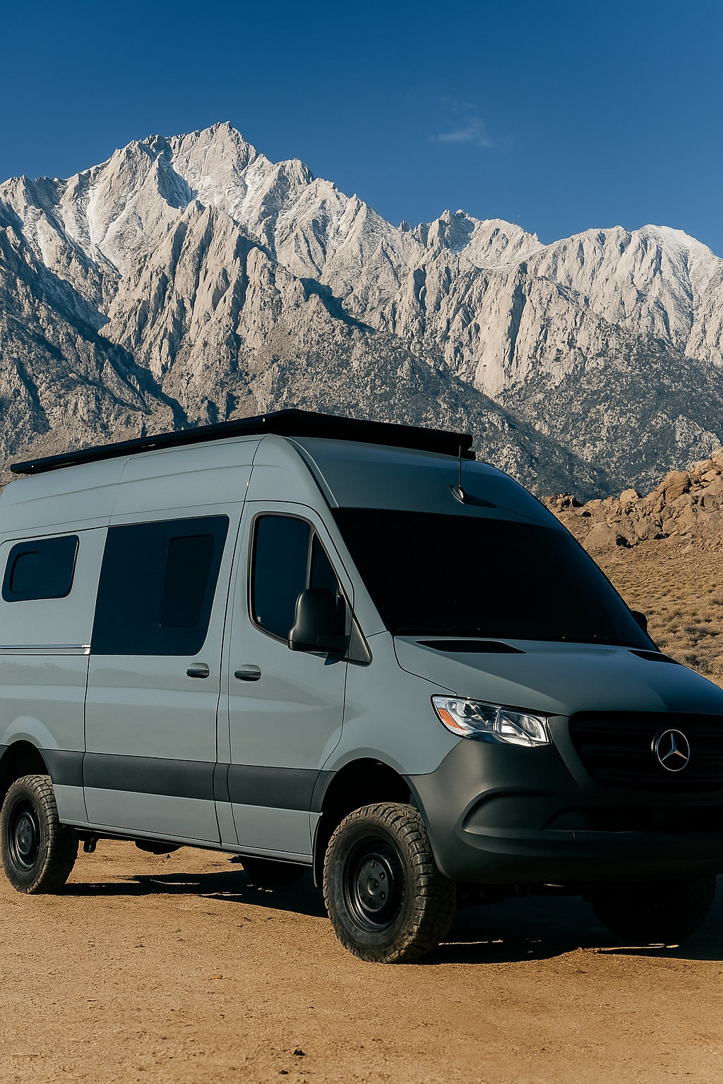 This grey off-road camper van RV rental is parked on dirt, with towering, rugged mountains and a clear sky for your adventure.