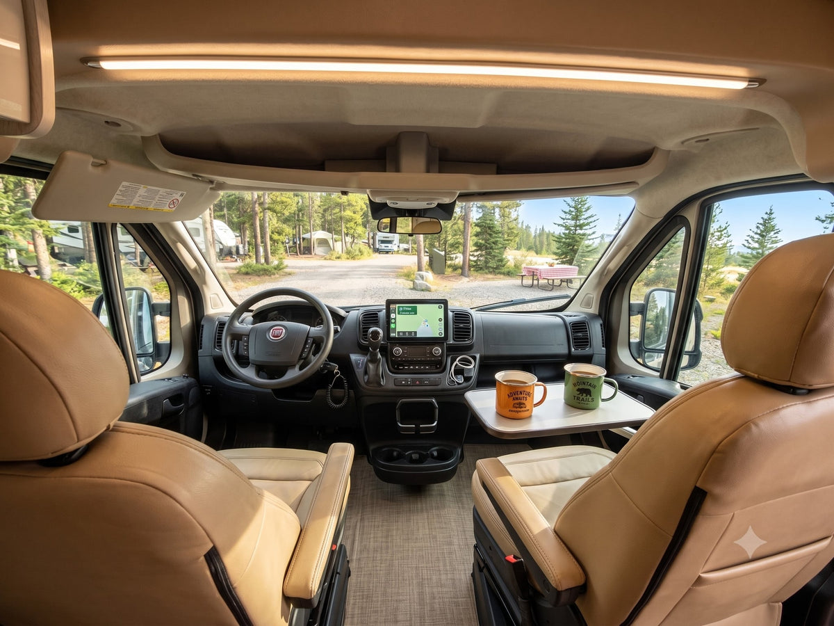  and comfortable sleeping/seating areas with bright decor.|Inviting RV rental interior: cream quilted seating — photo 10