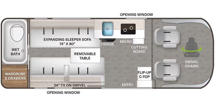  with green chairs and the RV's open door in the background.|Inside a modern **rv rental**: kitchen prep in a compact