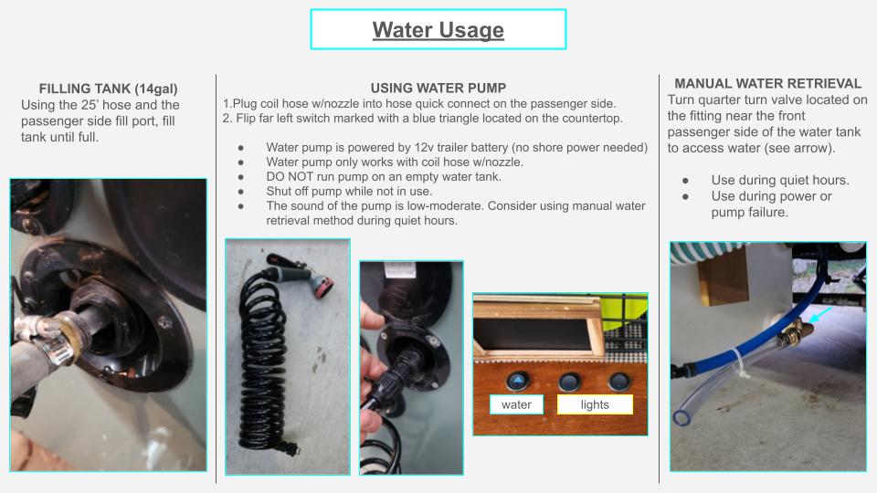 RV rental water management guide: See how to fill the tank, use the pump, and access water manually via key fittings.