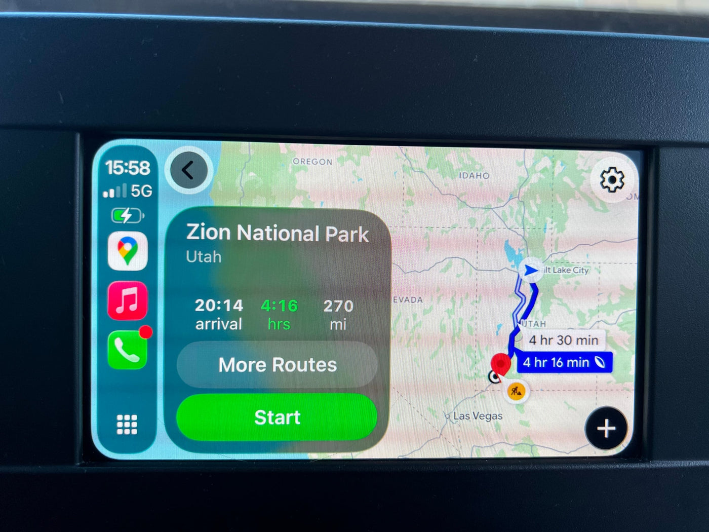 In-car navigation for an RV rental road trip to Zion National Park, showing the route, arrival time, and distance on the map. — photo 11