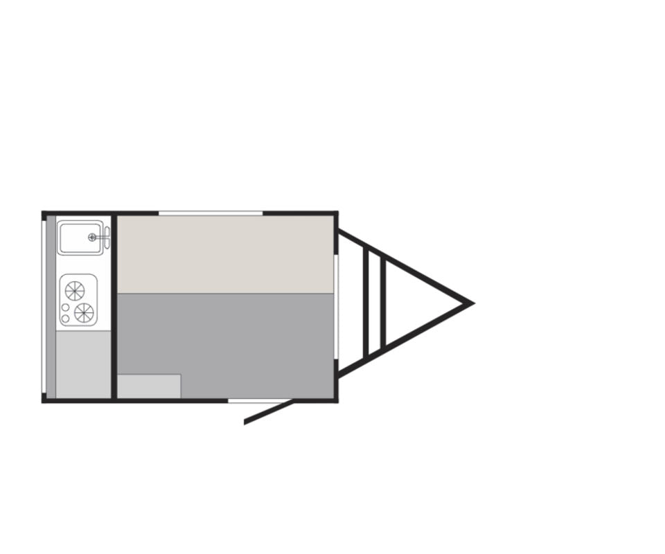 Compact RV rental floor plan shows kitchen, bed, and trailer hitch. A cozy travel trailer layout.