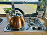 An RV rental kitchen featuring a copper kettle on the stove, sink, coffee pack, and decorative plant, ready for your trip.