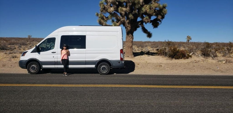  and a versatile table for your travels.|RV rental: A laptop on a wooden table overlooks a scenic rocky coast with crashing waves from inside a camper van.|White RV rental van parked beside a Joshua tree on a desert road under a clear blue sky — photo 7