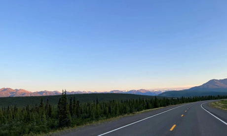 An RV rental journey awaits! Drive through a lush forest on a winding road with majestic mountains under a clear sky.