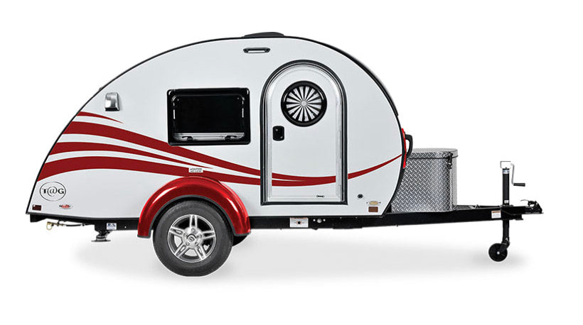 A white teardrop travel trailer with red stripes, a compact RV rental option for adventure.