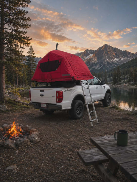 Adventure awaits with this RV rental alternative: a white truck featuring a red rooftop tent, campfire, and scenic mountain views.