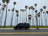 Black camper van RV rental parked on a coastal street with tall palm trees and ocean view.