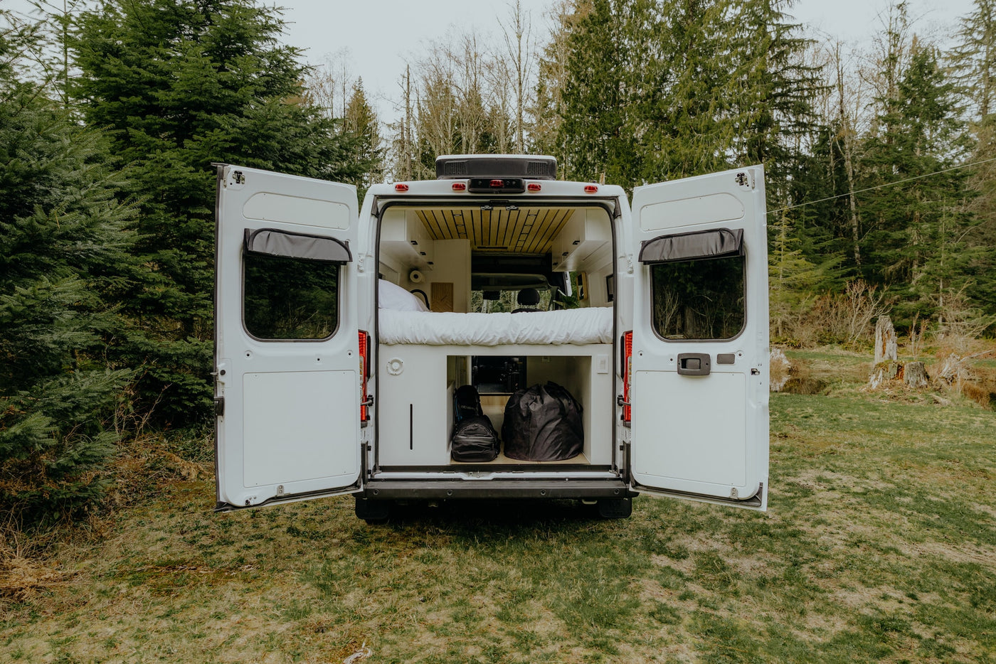 Rear view of an RV rental: a white camper van with open doors, revealing a bed, wooden ceiling, and storage in nature. — photo 19