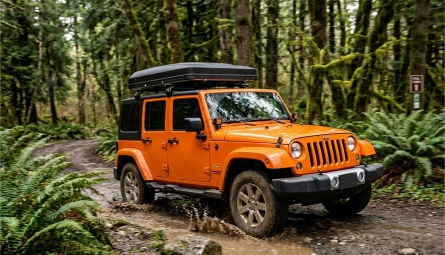 An orange Jeep Wrangler with a roof-top tent navigates a muddy forest trail. Explore nature with an RV rental!