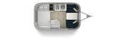 Top-down view of an RV rental's interior. This travel trailer floor plan features a bed, kitchen, and convertible dinette.