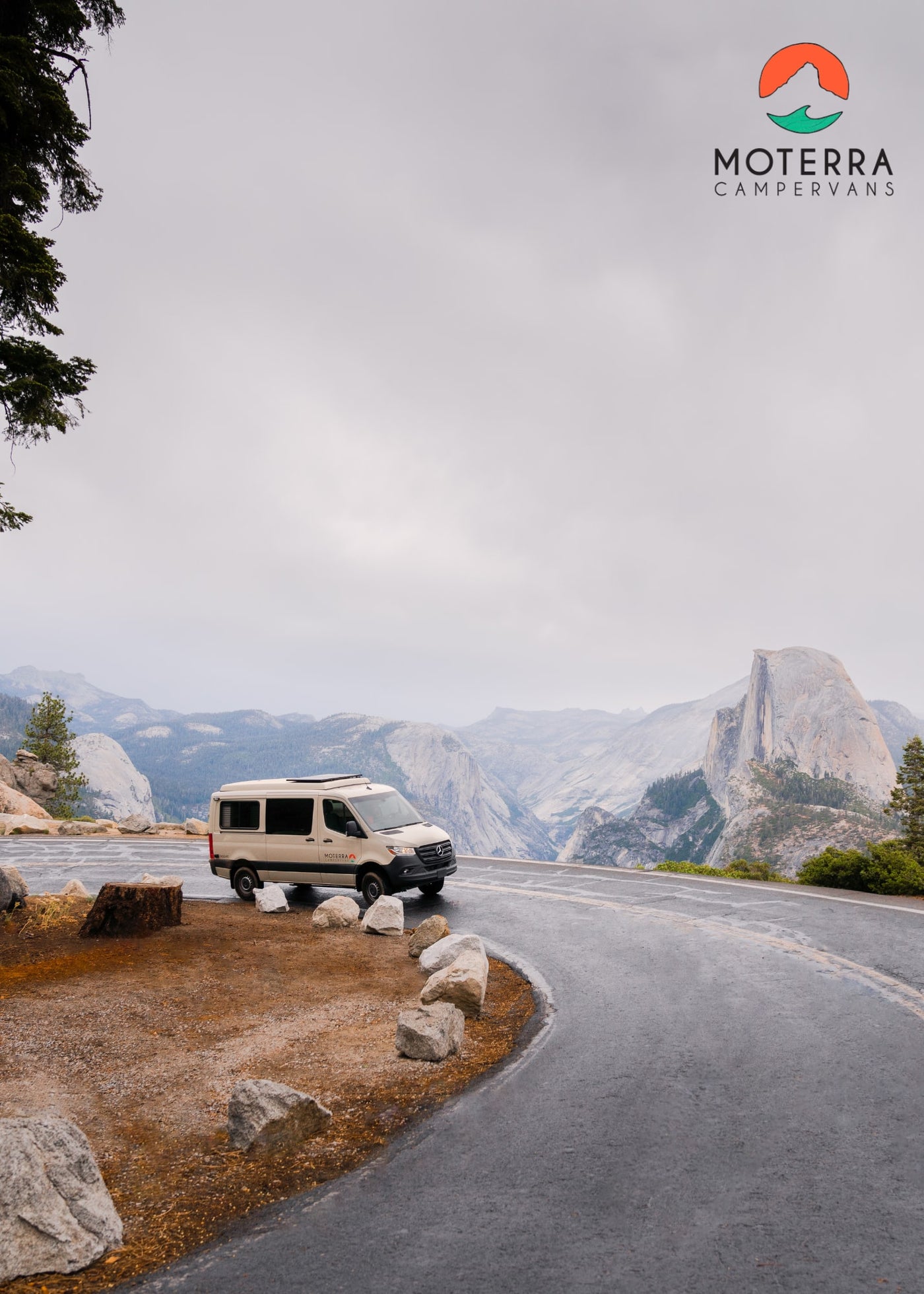  toasting mugs with stunning Golden Gate Bridge views. Campervan adventures!|A cream rv rental campervan at a misty Yosemite overlook — photo 9