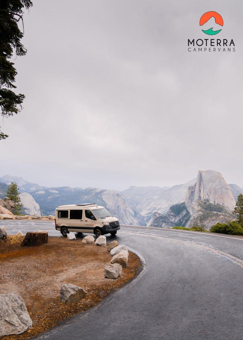  toasting mugs with stunning Golden Gate Bridge views. Campervan adventures!|A cream rv rental campervan at a misty Yosemite overlook — photo 9