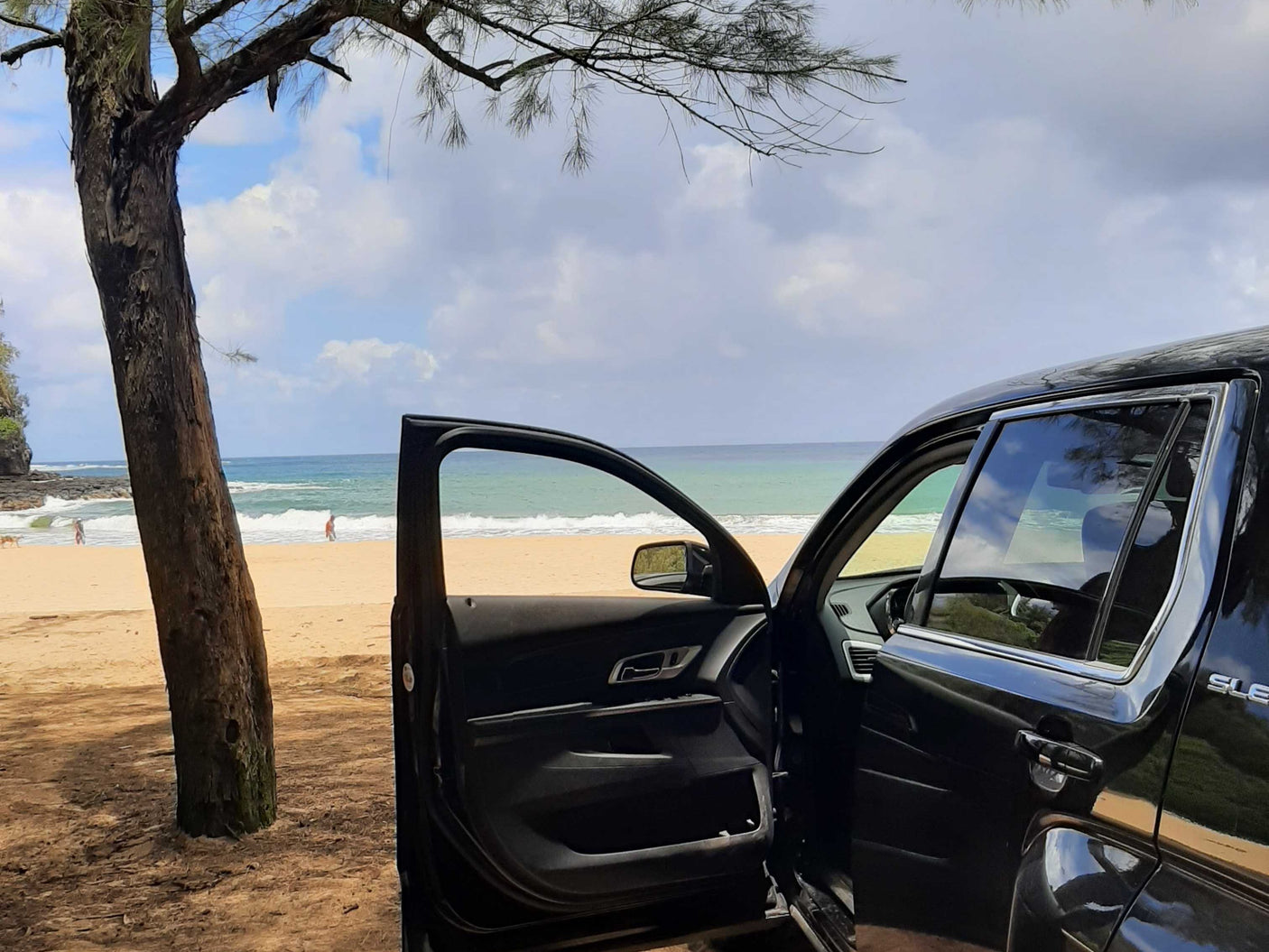 Black SUV, door open, on a scenic beach under a tree. Ocean waves beyond. Perfect trip, no RV rental needed.