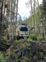 RV rental: A cream Winnebago Revel van deep in a sunlit aspen forest, its side awning extended.