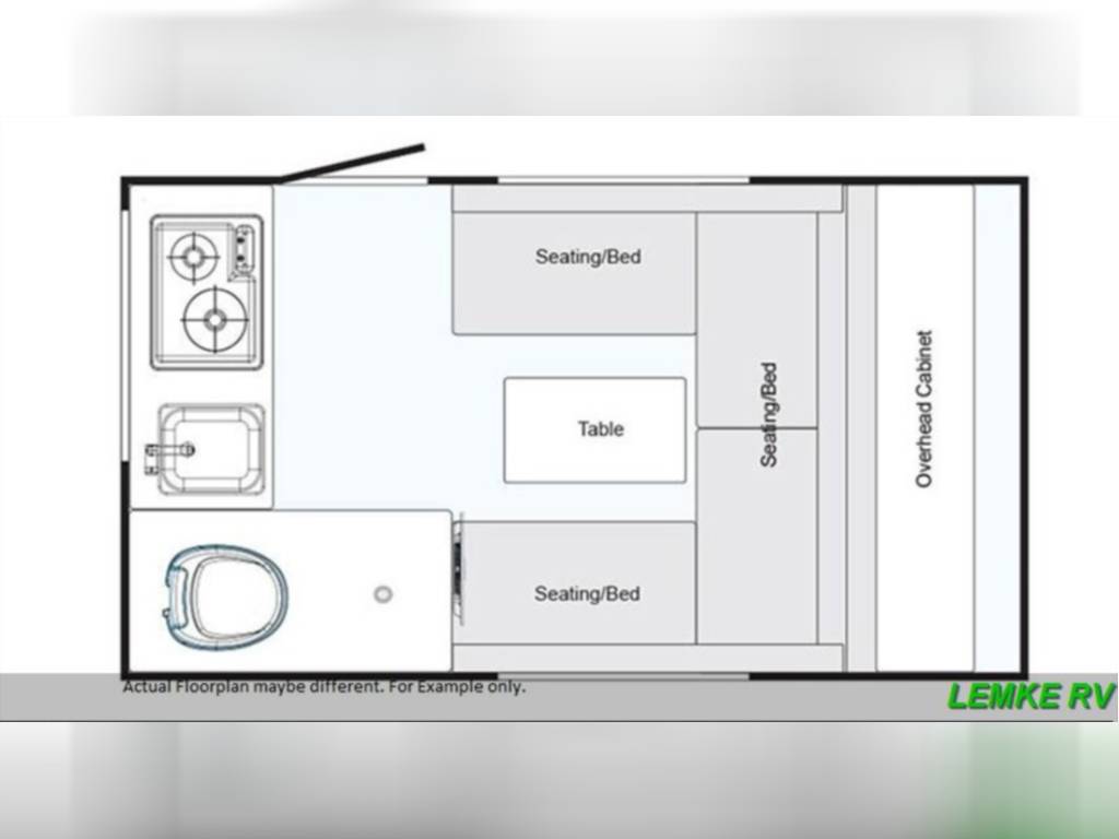 RV rental floorplan: Compact layout with stove, sink, toilet, convertible seating/beds, and overhead storage.