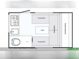 RV rental floorplan: Compact layout with stove, sink, toilet, convertible seating/beds, and overhead storage.