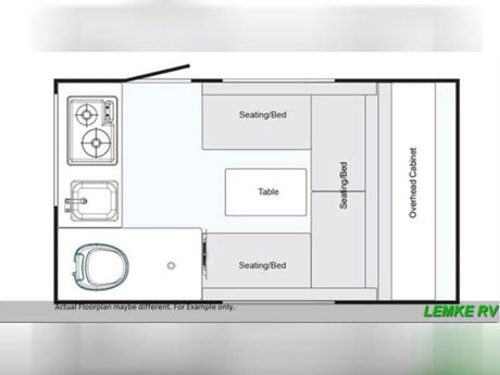 RV rental floorplan: Compact layout with stove, sink, toilet, convertible seating/beds, and overhead storage.