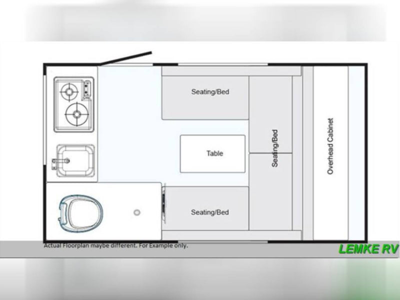 RV rental floorplan: Compact layout with stove, sink, toilet, convertible seating/beds, and overhead storage. — photo 1
