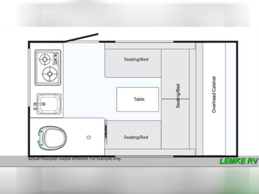 RV rental floorplan: Compact layout with stove, sink, toilet, convertible seating/beds, and overhead storage.
