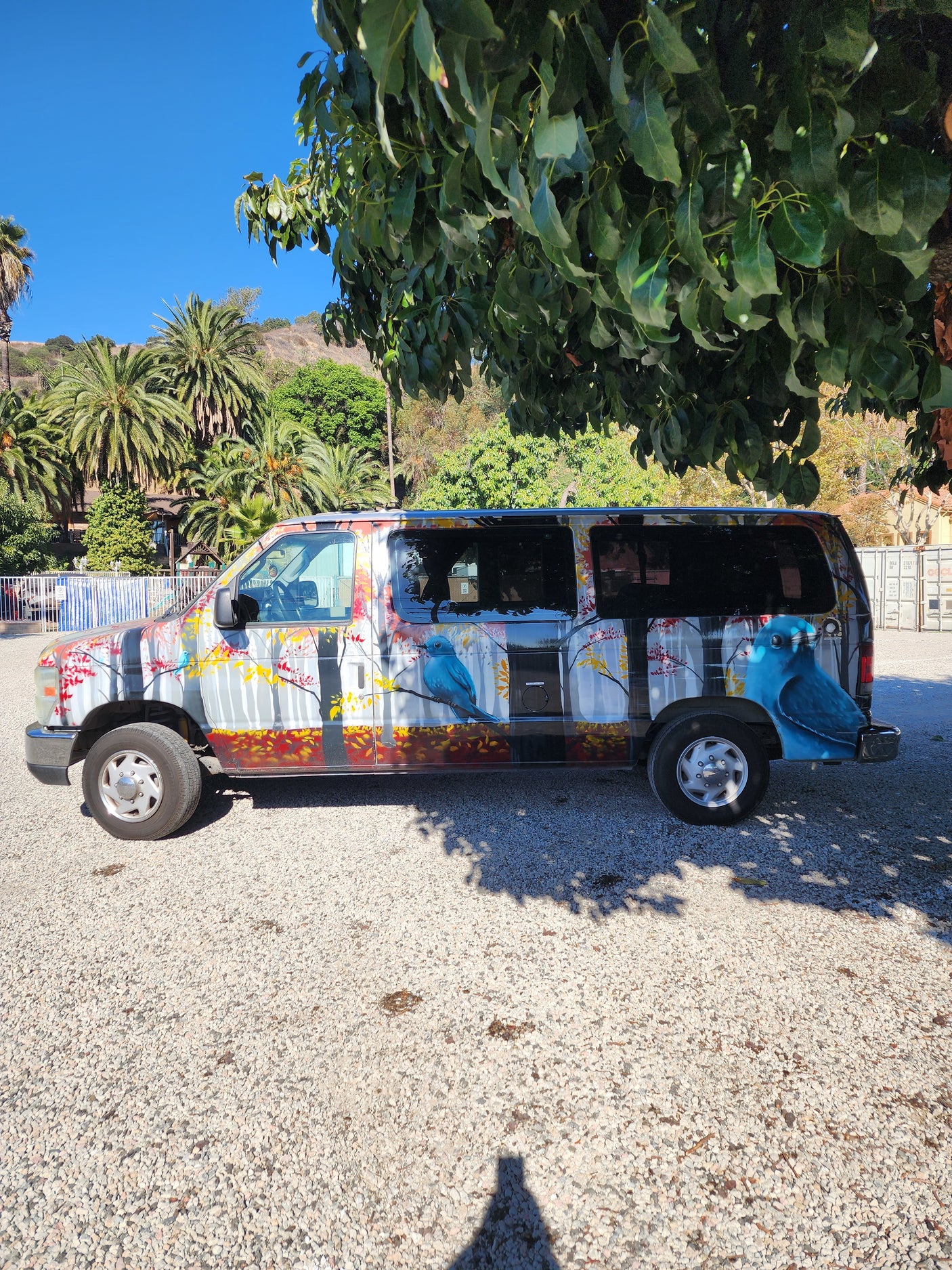 This vibrant custom-painted van, perfect as an RV rental, features a blue bird and forest mural on gravel.